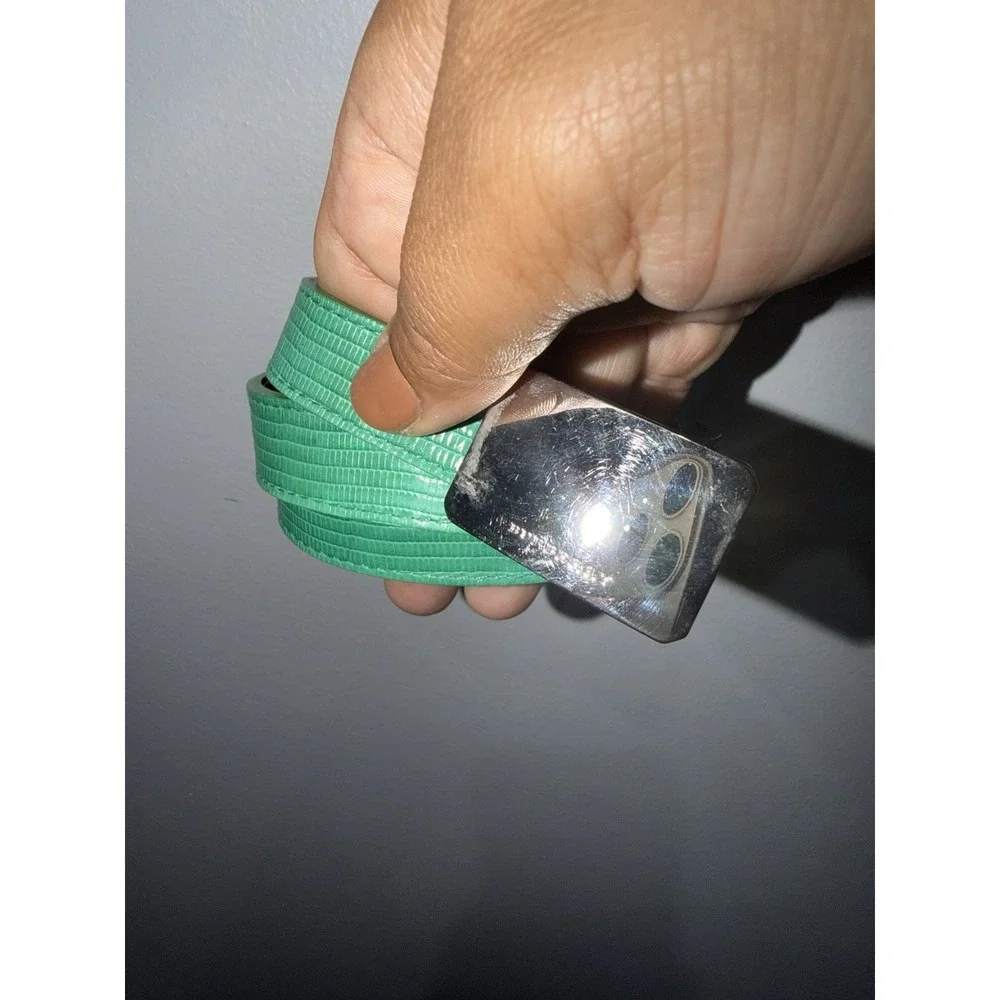 BURBERRY Haymarket Skinny Belt Green Silver Tone Buckle 40/100 43